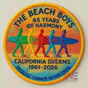 Round rainbow patch with The Beach Boys 65 Years of Harmony and surfboard silhouettes.