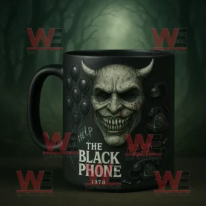A black mug decorated with a menacing horned face black balloons and the title The Black Phone 1978 designed with a dark horror aesthetic!