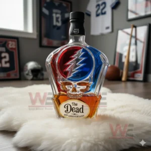 A The Dead sixtieth anniversary bottle with a black cap sits on a white rug in a sports themed room!