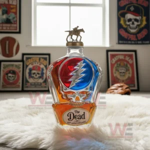 The Dead 60th Anniversary Whiskey Decanter Bottle 9 A horse rider capped The Dead bottle sits on a white rug surrounded by posters and sports items!