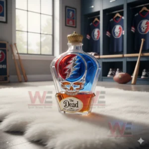 The Dead 60th Anniversary Whiskey Decanter Bottle 10 A crown topped The Dead sixtieth anniversary bottle sits on a white rug in a sports themed room!