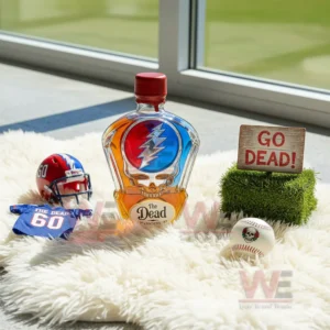 The Dead 60th Anniversary Whiskey Decanter Bottle 11 A red capped The Dead sixtieth anniversary bottle sits on a white rug near a window with themed items around it!