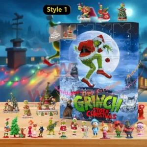 An image of a The Grinch Style 1 advent calendar featuring the Grinch and Christmas themed mini figures arranged neatly in front of the decorated box!