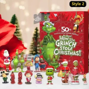 An image of a The Grinch Style 2 advent calendar featuring 50th Anniversary artwork and collectible mini figures positioned in front of the box!