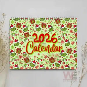 2026 calendar cover with Christmas themed pattern in green red and white tones!