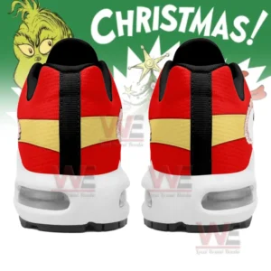 The Grinch Christmas Air Max Plus TN Shoes 7 Alt text: Back view of Grinch-themed Air Max Plus TN sneakers with red and yellow colors, showcasing a Grinch graphic.