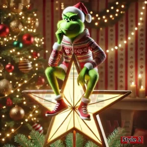 The Grinch sitting on a glowing star atop a Christmas tree surrounded by sparkling lights and decorations!