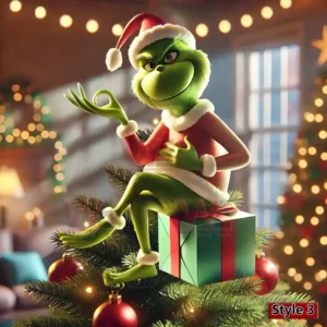 The Grinch sitting on a present box on a Christmas tree surrounded by festive lights and ornaments!
