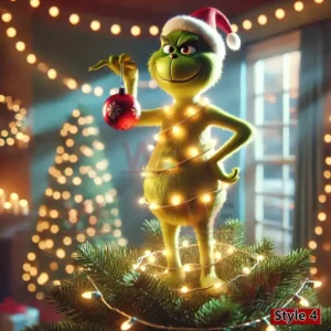 The Grinch wrapped in Christmas lights holding a red ornament standing on top of a festive tree with warm glowing lights!