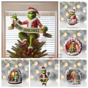 Holiday tree topper with green festive character and several themed hanging ornaments.