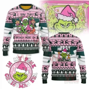 A pink Grinch themed Christmas sweater decorated with festive characters and winter patterns!