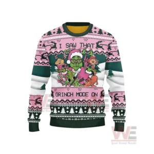 The front of a pink green and white Grinch themed Christmas sweater with festive patterns!