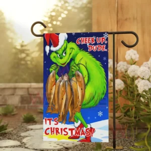 The Grinch Its Christmas Garden Flag 6 Alt text: Grinch-themed garden flag with the Grinch holding fish and the message