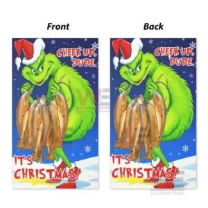 The Grinch Its Christmas Garden Flag 7 Alt text: Front and back views of a Grinch-themed garden flag showing the Grinch holding fish with the message