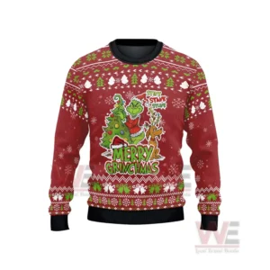 The Grinch Merry Grinchmas Ugly Sweater 4 A red Christmas sweater with a festive Grinch illustration displayed on a white background!