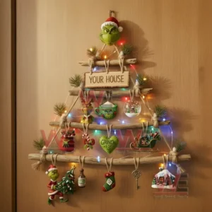 Alt text: A rustic Christmas tree with Grinch-themed ornaments, including stockings and gifts, displayed on a wall with fairy lights.