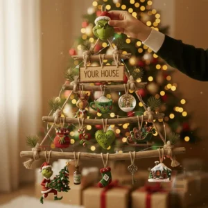 The Grinch Rustic Wall Christmas Tree 3 Alt text: Grinch-themed rustic Christmas tree with ornaments like a Grinch head and cups, set in front of a Christmas tree.