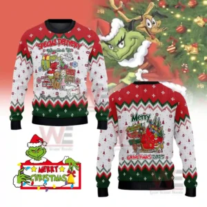 A festive Grinch themed Christmas sweater decorated with gift delivery artwork and snowy patterns!