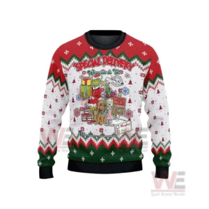 The front of a red white and green Grinch themed Christmas sweater with gift delivery graphics!