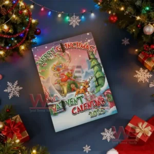 Alt text: A Merry Grinchmas Advent Calendar with a festive holiday setting including Christmas trees, lights, and gifts.