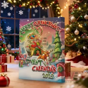 Alt text: The Merry Grinchmas Advent Calendar placed near a decorated Christmas tree with a festive atmosphere.