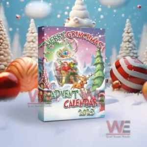 Alt text: The Merry Grinchmas Advent Calendar displayed in a snowy setting with festive decorations.