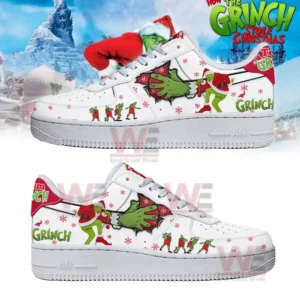 Alt text: A pair of Grinch-themed Air Force sneakers with festive Christmas decorations and characters.