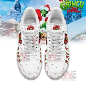 Alt text: A close-up of Grinch-themed Air Force sneakers featuring the Grinch and Christmas-themed designs.