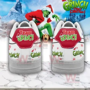 Alt text: The back view of Grinch-themed Air Force sneakers featuring a 