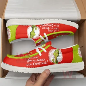 Hey Dude shoes with Grinch design and text "How The Grinch Stole Christmas!".
