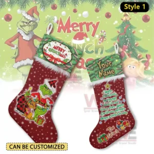 Personalized Grinch Christmas stocking with "Merry Grinchmas" and space for "Your Name".