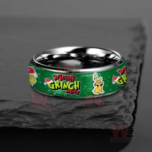 Silver ring on stone with green Merry Grinchmas themed band and character graphics!