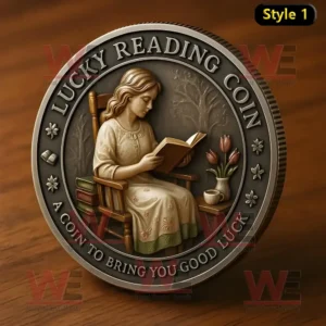 Lucky Reading Coin with seated woman reading book floral details and engraved good luck message.