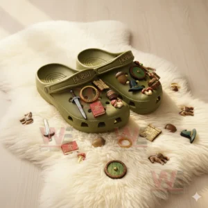 Olive green The Hobbit Crocs with fantasy charms scattered around including the ring, sword, and map.
