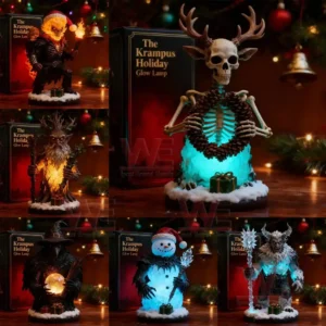 Several glowing Krampus themed figures stand together surrounded by Christmas lights and decorations.