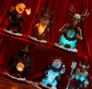 The Krampus Holiday Glow Lamp 10 Six glowing Krampus themed holiday lamps are displayed on red fabric in a decorative arrangement.