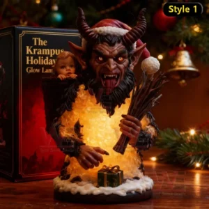 The Krampus Holiday Glow Lamp 11 A fiery glowing Krampus figure stands on a snowy base surrounded by holiday decor.