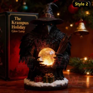 The Krampus Holiday Glow Lamp 12 A glowing crow sorcerer figure holds a bright crystal sphere among holiday decorations.