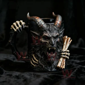 Black sculpted mug shaped like a horned creature holding sticks with a skeletal handle.