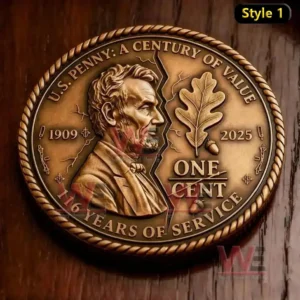 Bronze coin displaying Abraham Lincoln oak leaf motif and commemorative dates!
