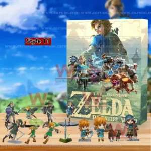 An advent calendar featuring artwork from The Legend of Zelda Breath of the Wild surrounded by collectible mini figures of Link and other characters!