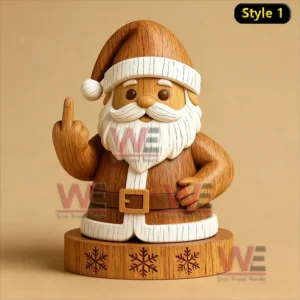A wooden Santa figure on a round base making a rude hand gesture.