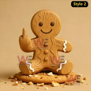 A wooden gingerbread figure sitting on a cookie base making a rude hand gesture.