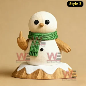 A wooden snowman figure on a snowy base making a rude hand gesture.