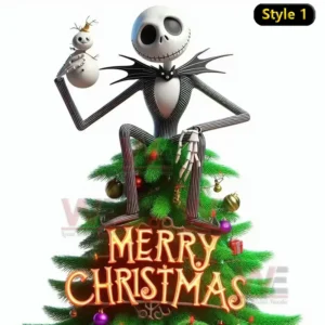 Jack Skellington sitting on top of a Christmas tree with ornaments holding a snowman and Merry Christmas text below.