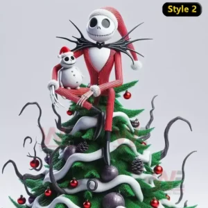 Jack Skellington in a red Santa suit sitting on a Christmas tree decorated with white garlands and red ornaments holding a small snowman.