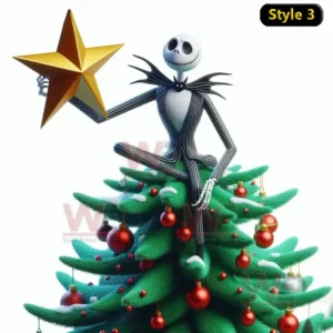 Jack Skellington sitting on a Christmas tree holding a golden star surrounded by red ornaments and snow.