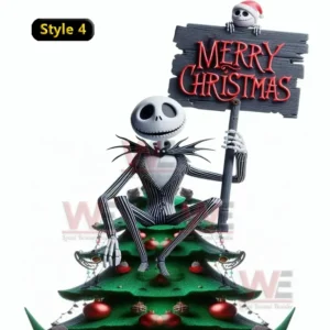 Jack Skellington sitting on a Christmas tree holding a Merry Christmas sign with a small snowman in a Santa hat.