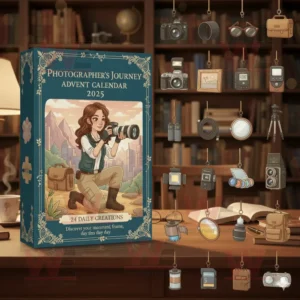 A photography themed Advent calendar with miniature camera accessories displayed on a desk in a cozy library background.