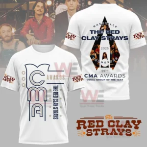 Alt text: A white t-shirt with CMA Awards and The Red Clay Strays' logo, celebrating their 2025 Vocal Group of the Year award.